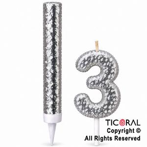SET BENGALA Y VELA NUMERAL NUMERO 3 CON GIBRE PLATA
